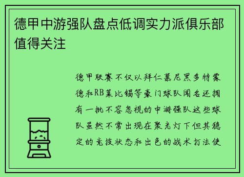 德甲中游强队盘点低调实力派俱乐部值得关注